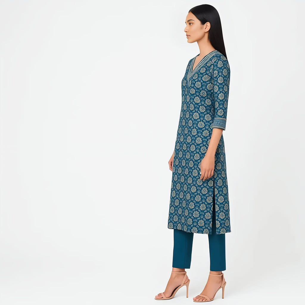 Straight Fit Printed V-Neck Flash Buy Kurta