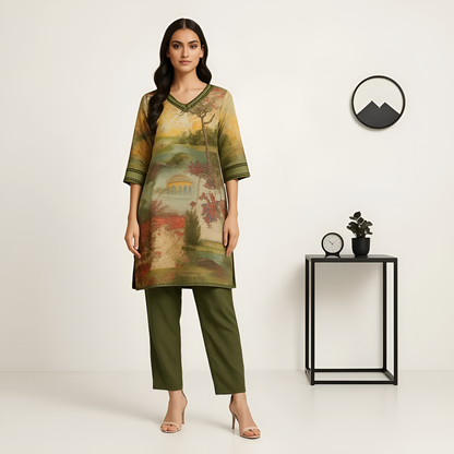Straight Fit Printed V-Neck Kurta Wih Pant Set