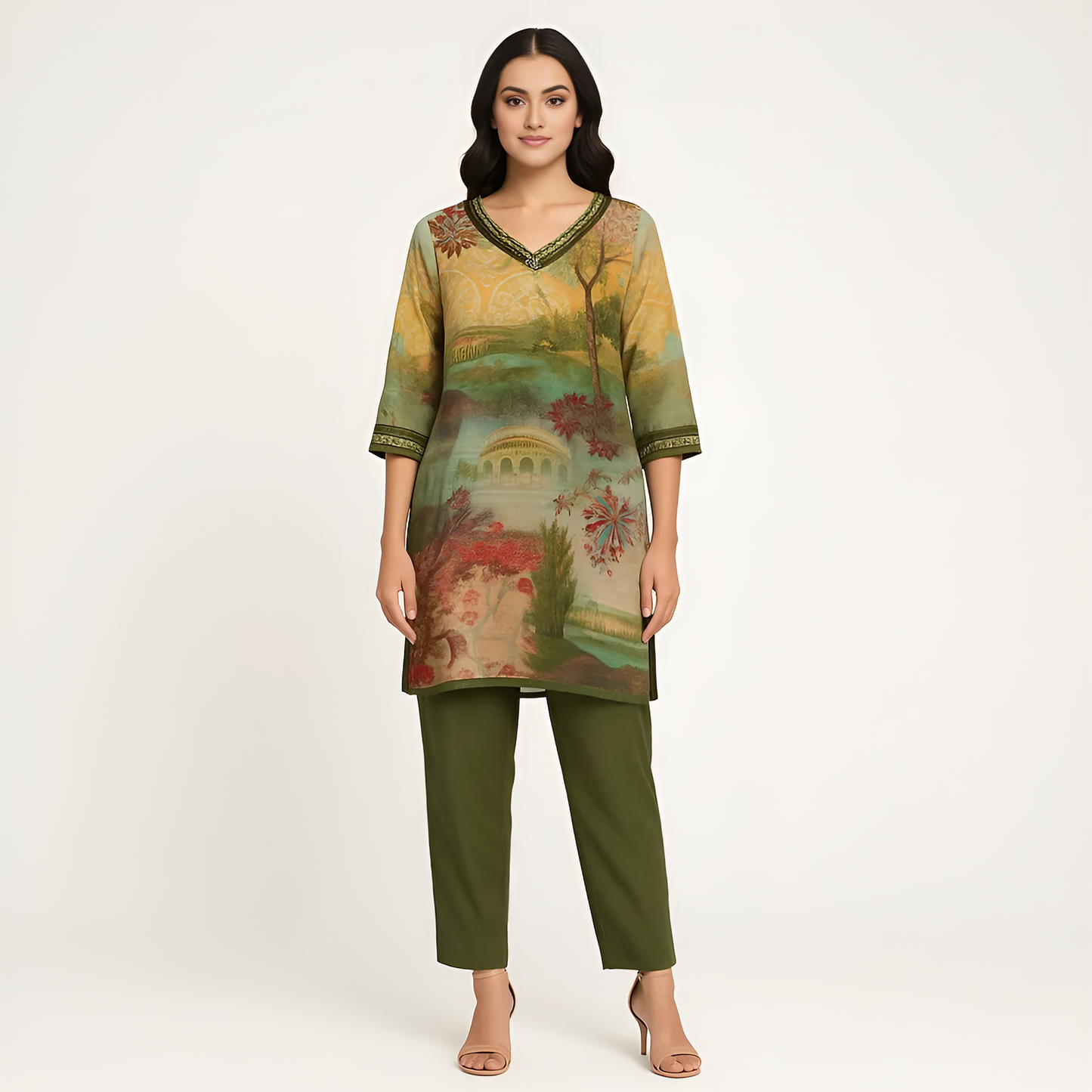 Straight Fit Printed V-Neck Kurta Wih Pant Set