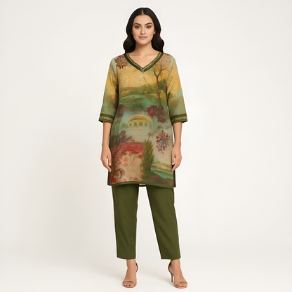 Straight Fit Printed V-Neck Kurta Wih Pant Set