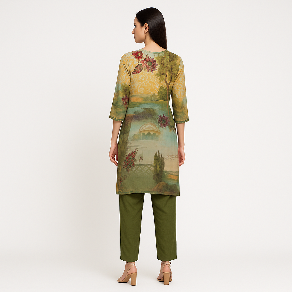 Straight Fit Printed V-Neck Kurta Wih Pant Set