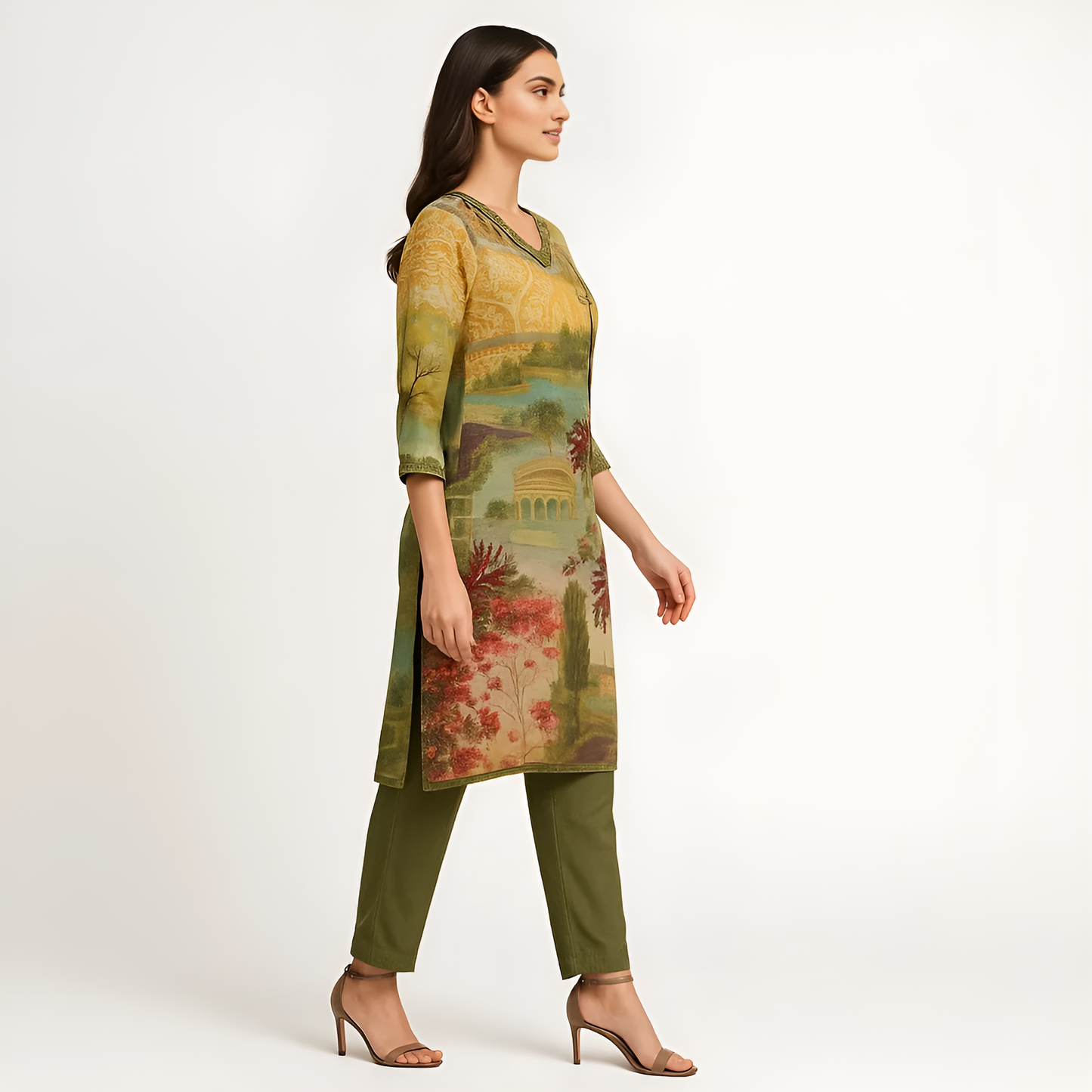 Straight Fit Printed V-Neck Kurta Wih Pant Set
