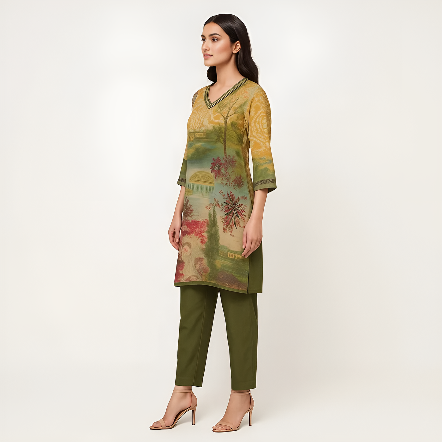 Straight Fit Printed V-Neck Kurta Wih Pant Set