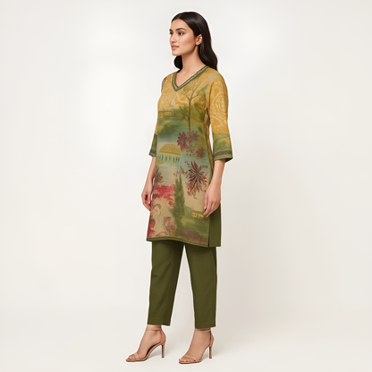 Straight Fit Printed V-Neck Kurta Wih Pant Set