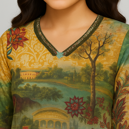 Straight Fit Printed V-Neck Kurta Wih Pant Set