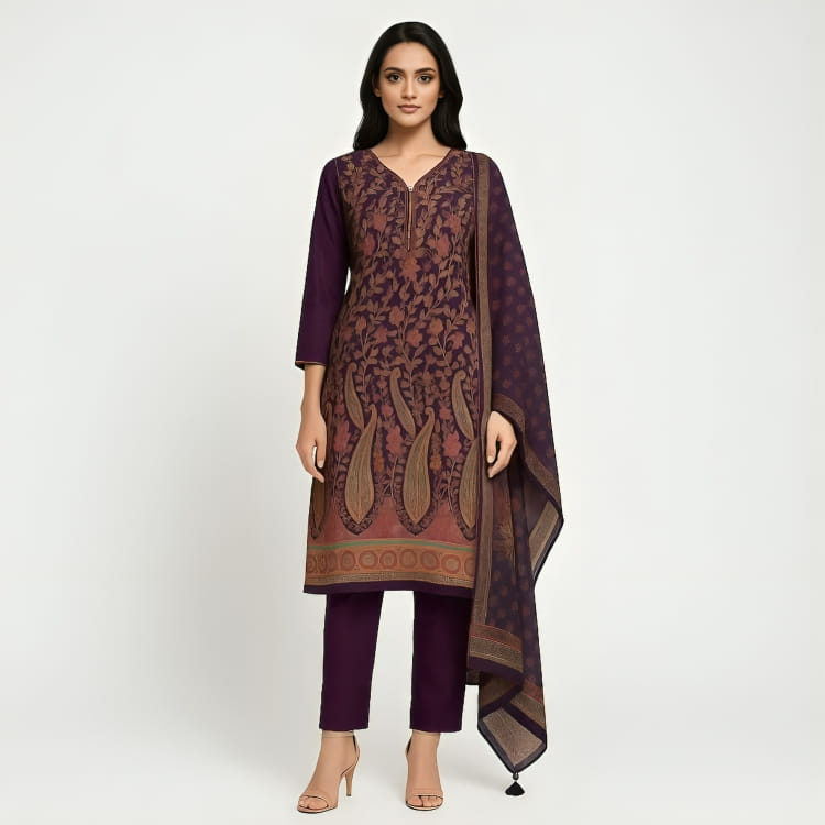 Straight Fit Embellished V-Neck Flash Buy Kurta With Pant With Dupatta Set
