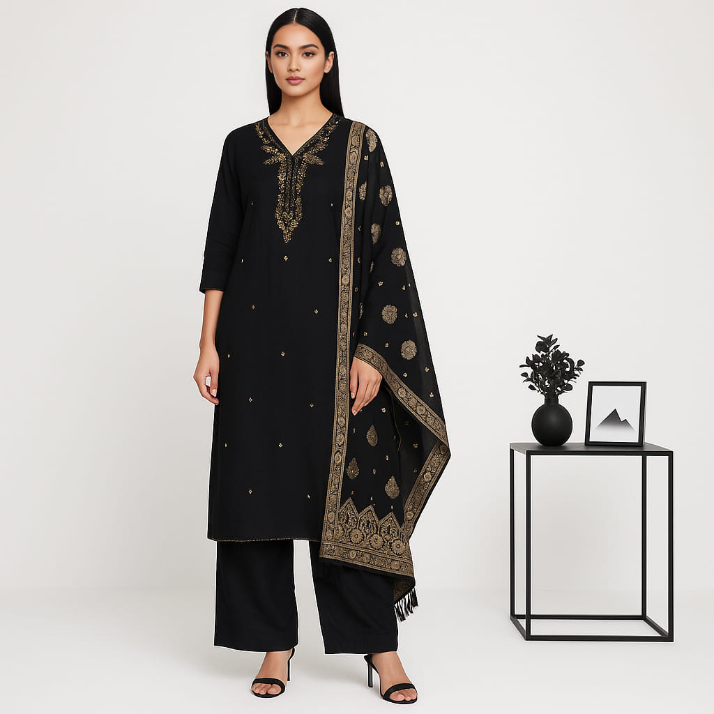 Straight Fit Embellished V-Neck Flash Buy Kurta With Pant With Dupatta Set