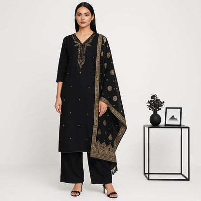 Straight Fit Embellished V-Neck Flash Buy Kurta With Pant With Dupatta Set