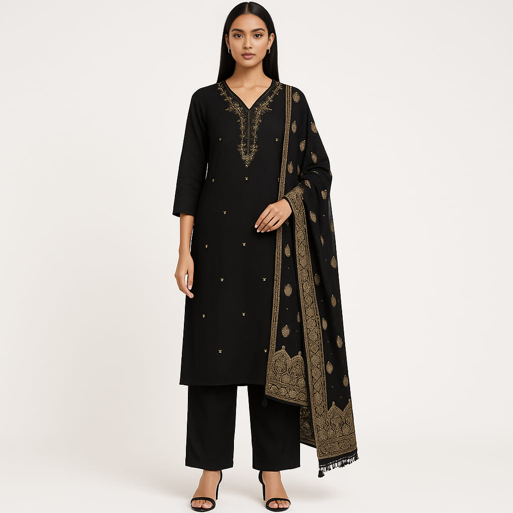 Straight Fit Embellished V-Neck Flash Buy Kurta With Pant With Dupatta Set