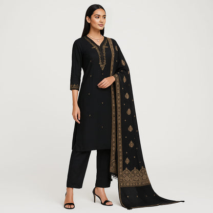 Straight Fit Embellished V-Neck Flash Buy Kurta With Pant With Dupatta Set