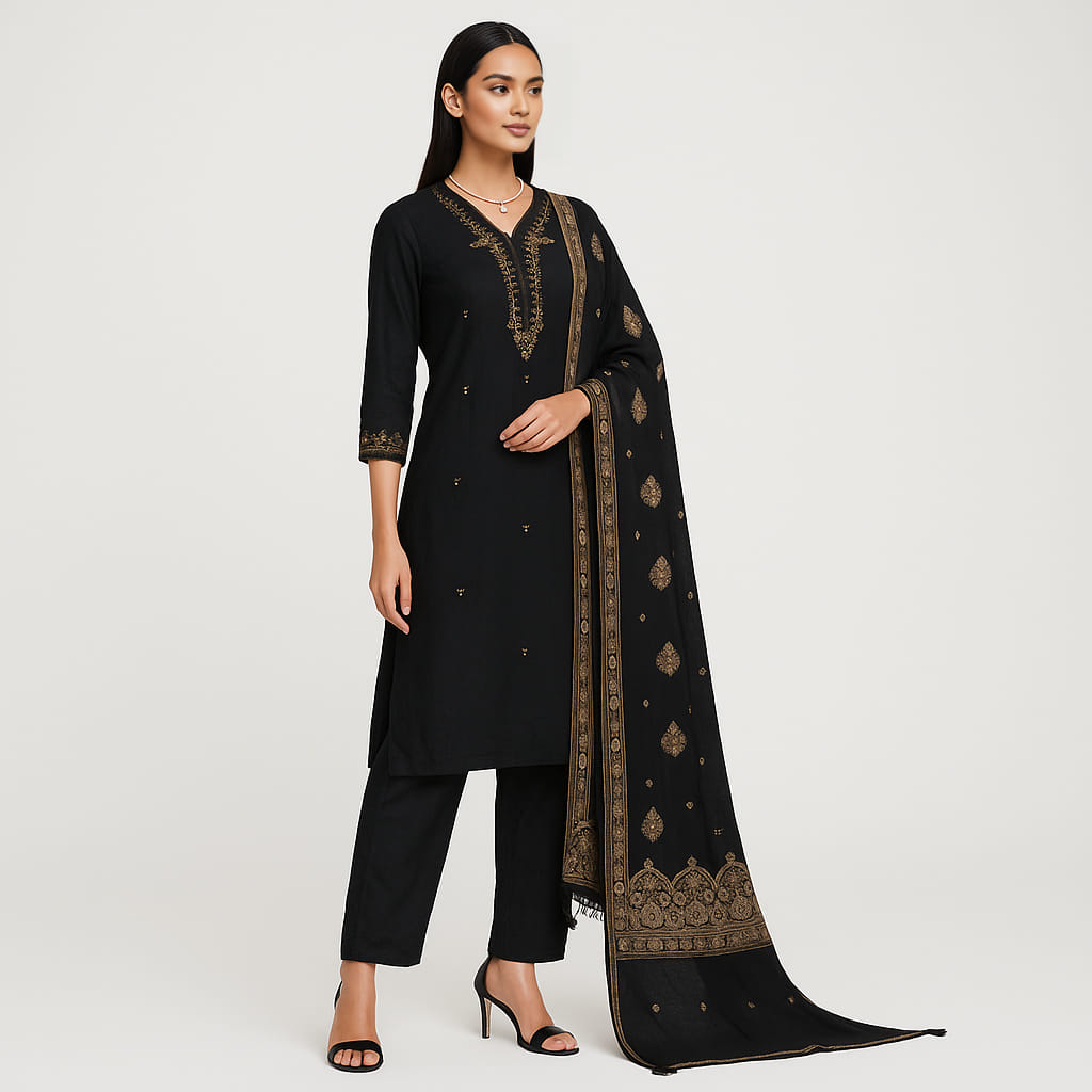Straight Fit Embellished V-Neck Flash Buy Kurta With Pant With Dupatta Set