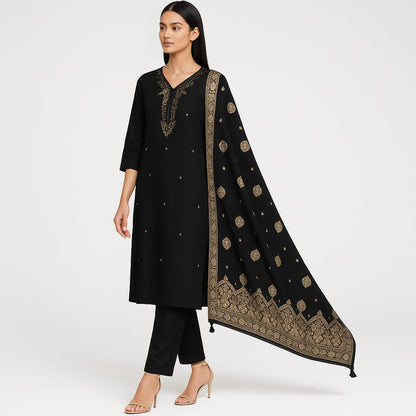Straight Fit Embellished V-Neck Flash Buy Kurta With Pant With Dupatta Set