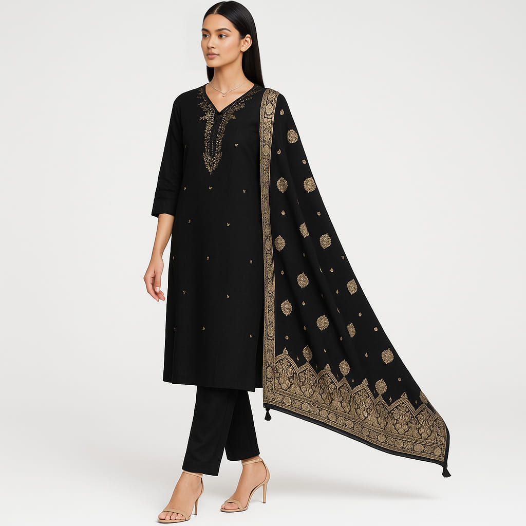Straight Fit Embellished V-Neck Flash Buy Kurta With Pant With Dupatta Set