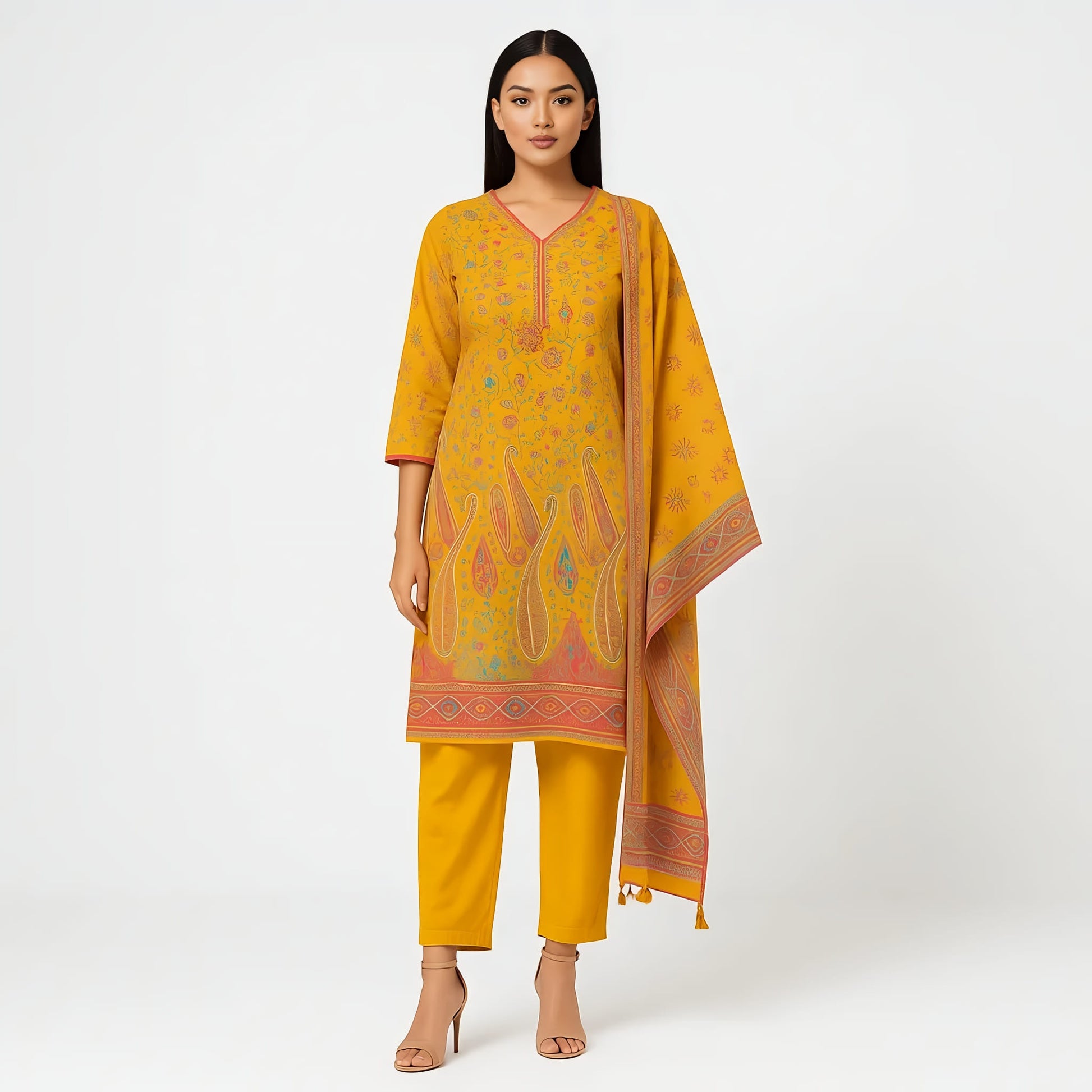 Straight Fit Embellished V-Neck Flash Buy Kurta With Pant With Dupatta Set