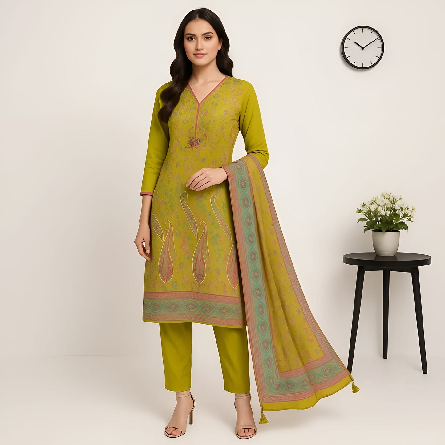 Straight Fit Embellished V-Neck Flash Buy Kurta With Pant With Dupatta Set