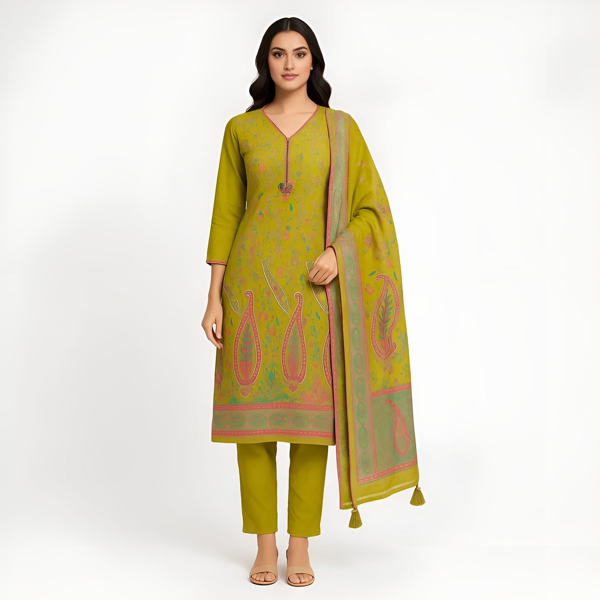 Straight Fit Embellished V-Neck Flash Buy Kurta With Pant With Dupatta Set