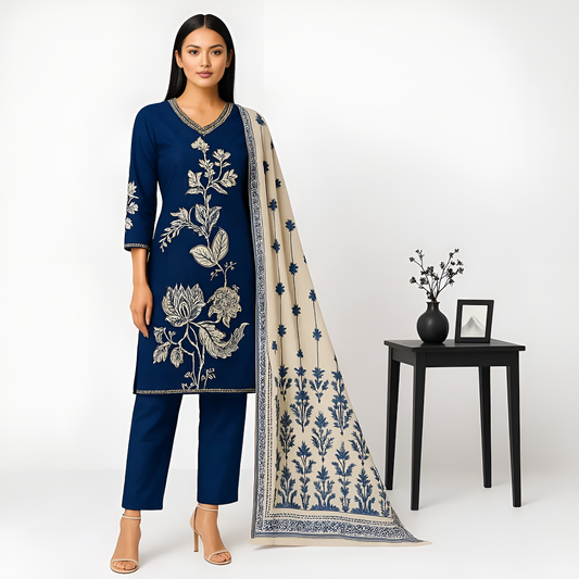 Straight Fit Printed V-Neck Kurta With Pant With Dupatta Set