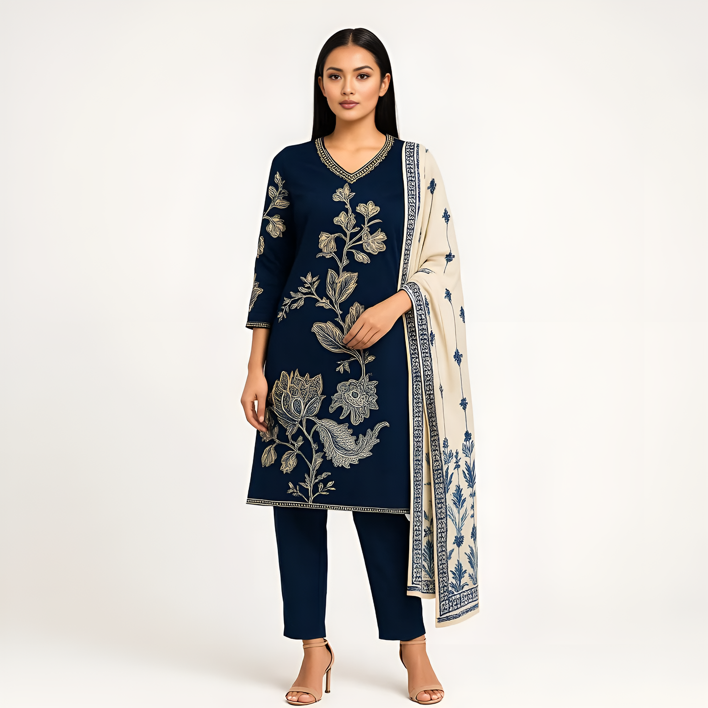 Straight Fit Printed V-Neck Kurta With Pant With Dupatta Set