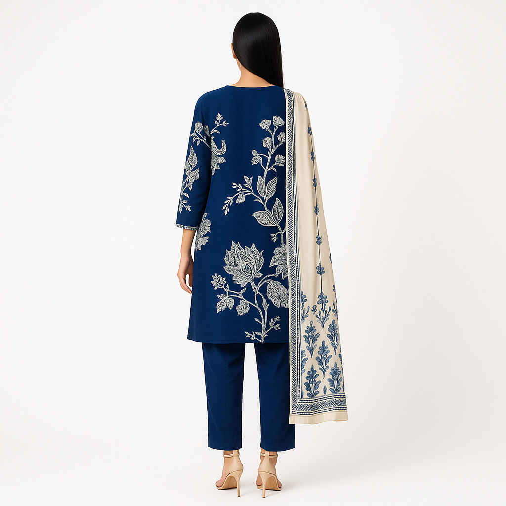 Straight Fit Printed V-Neck Kurta With Pant With Dupatta Set