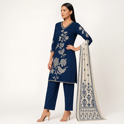 Straight Fit Printed V-Neck Kurta With Pant With Dupatta Set