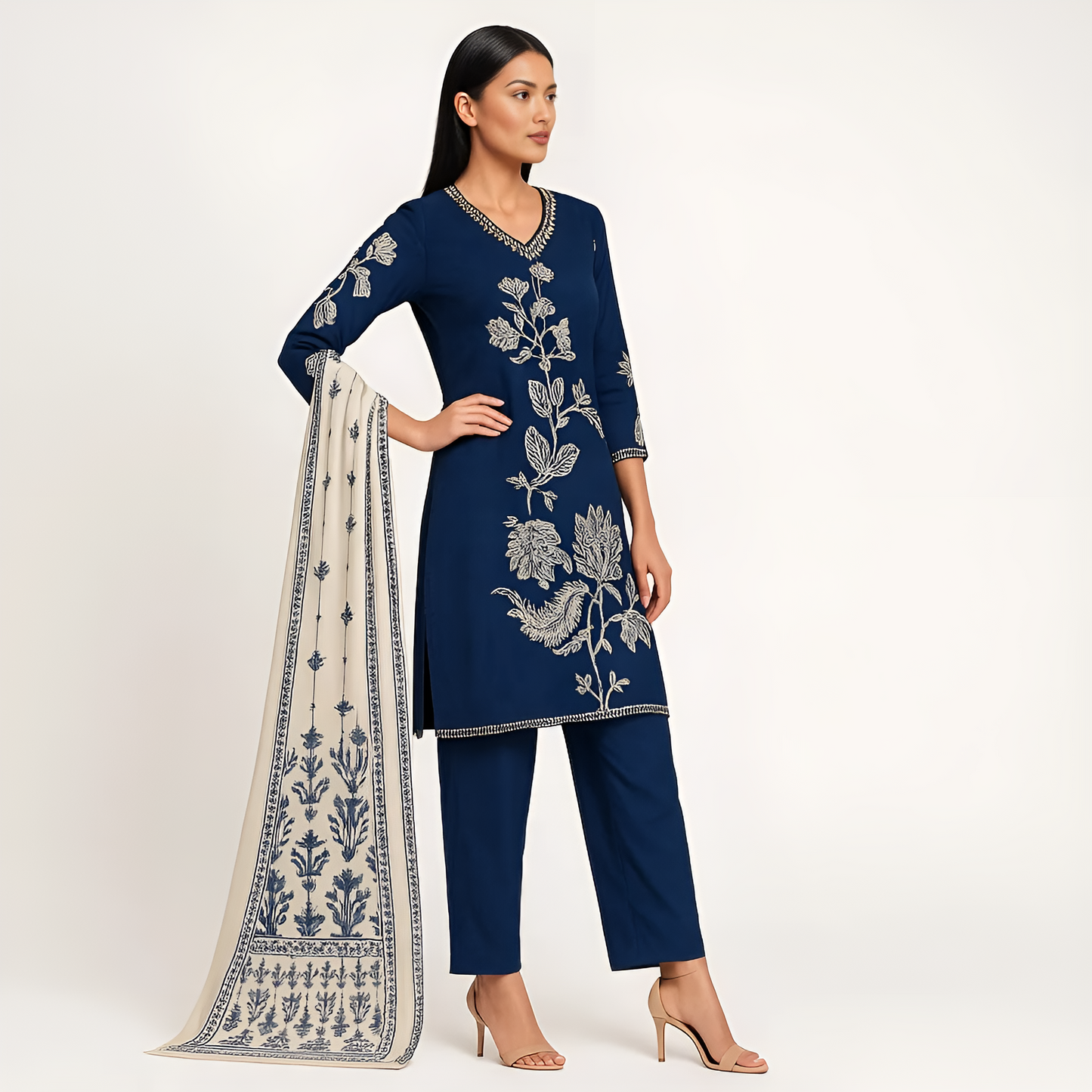 Straight Fit Printed V-Neck Kurta With Pant With Dupatta Set