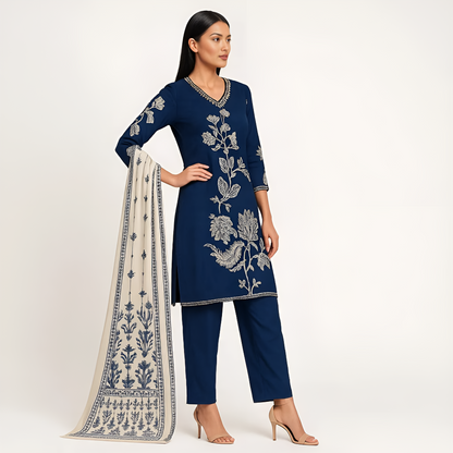 Straight Fit Printed V-Neck Kurta With Pant With Dupatta Set