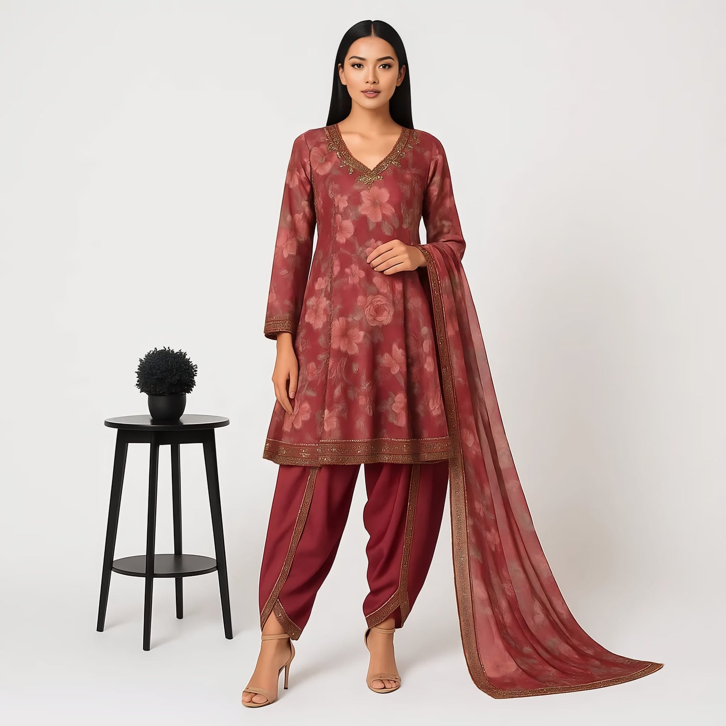 Flare Fit Printed V-Neck Flash Buy Kurta With Pant With Dupatta Set