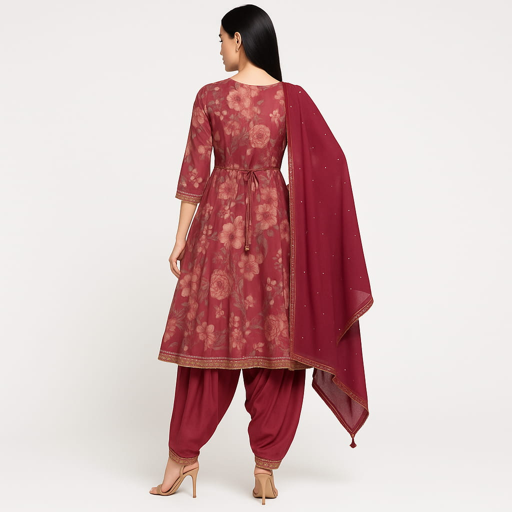 Flare Fit Printed V-Neck Flash Buy Kurta With Pant With Dupatta Set