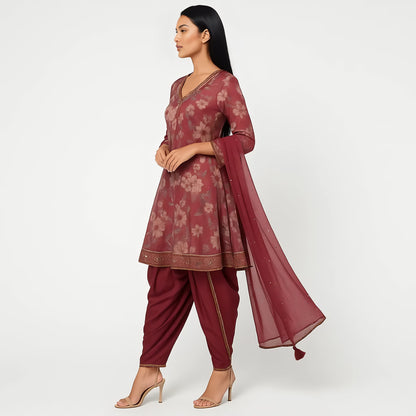 Flare Fit Printed V-Neck Flash Buy Kurta With Pant With Dupatta Set
