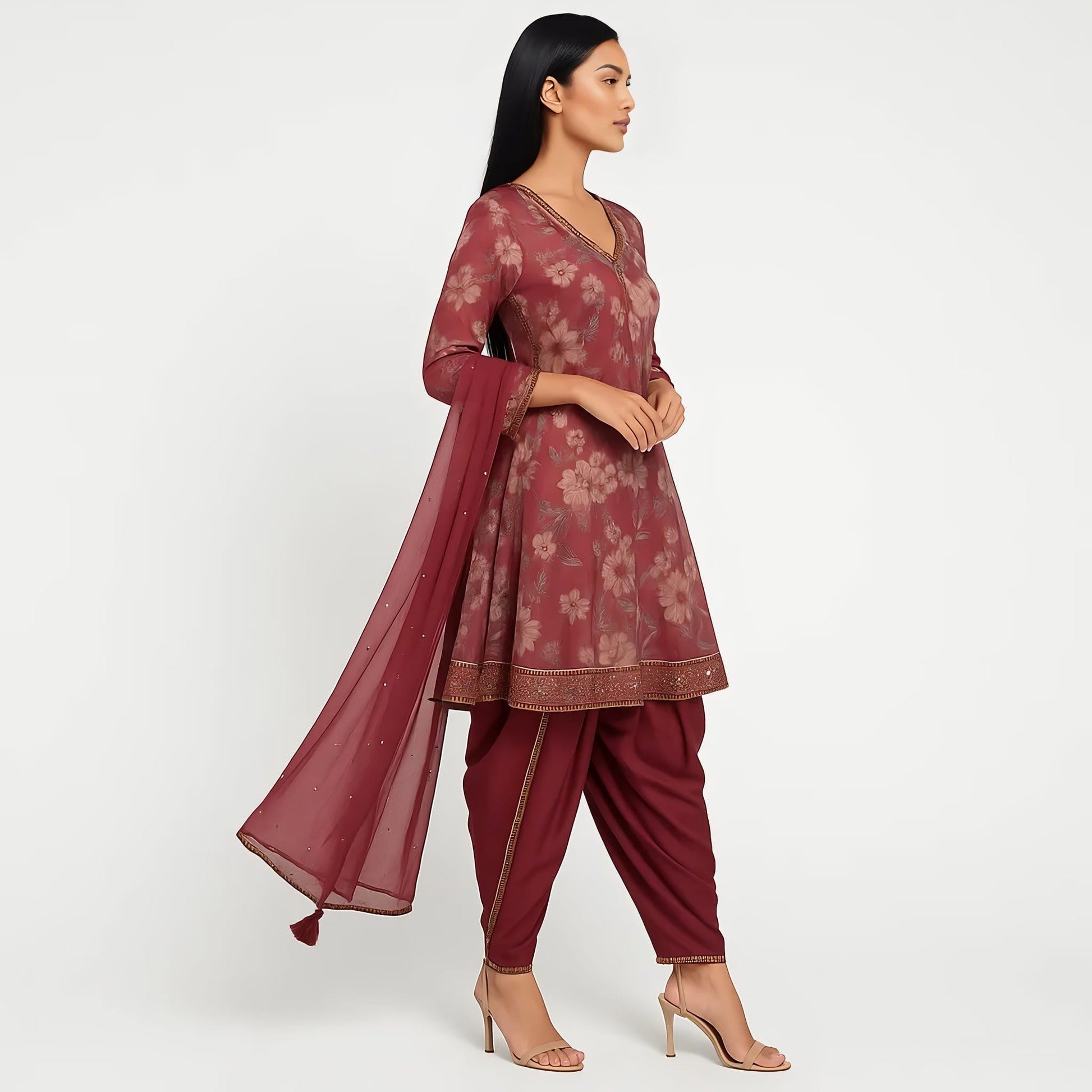 Flare Fit Printed V-Neck Flash Buy Kurta With Pant With Dupatta Set
