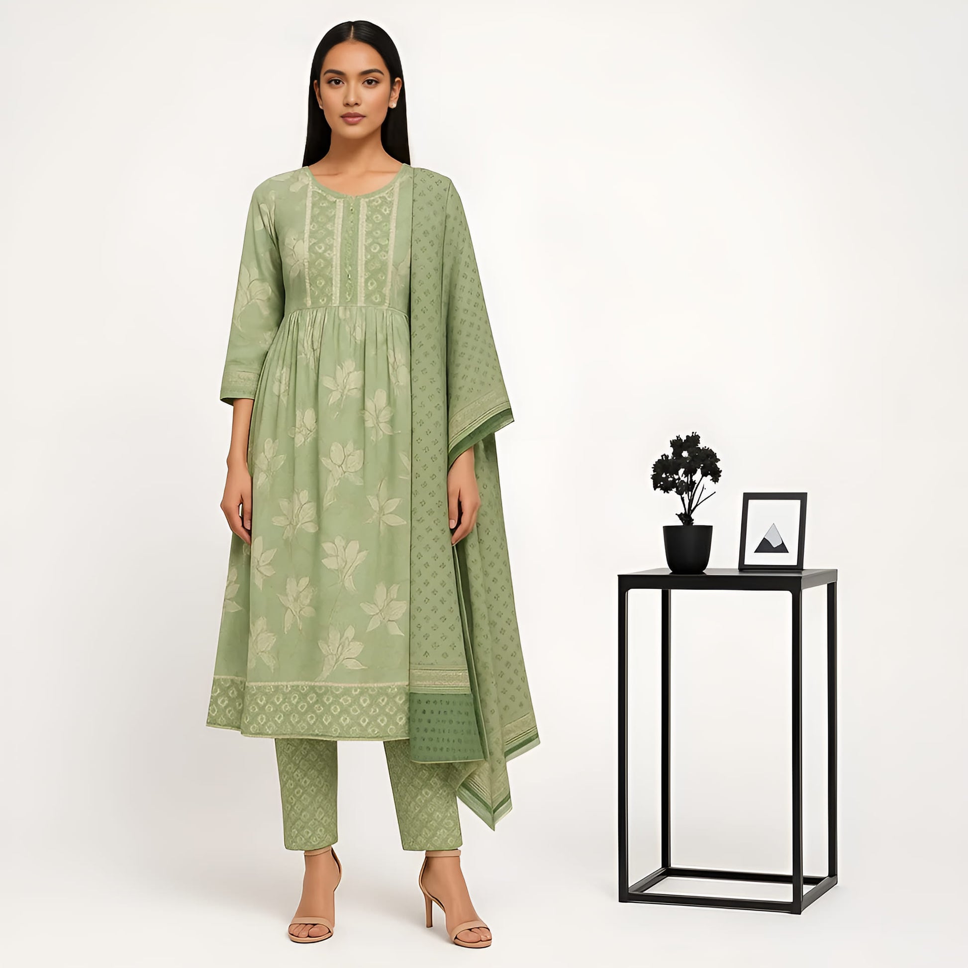 Flare Fit Printed Round Neck Flash Buy Kurta With Pant With Dupatta Set