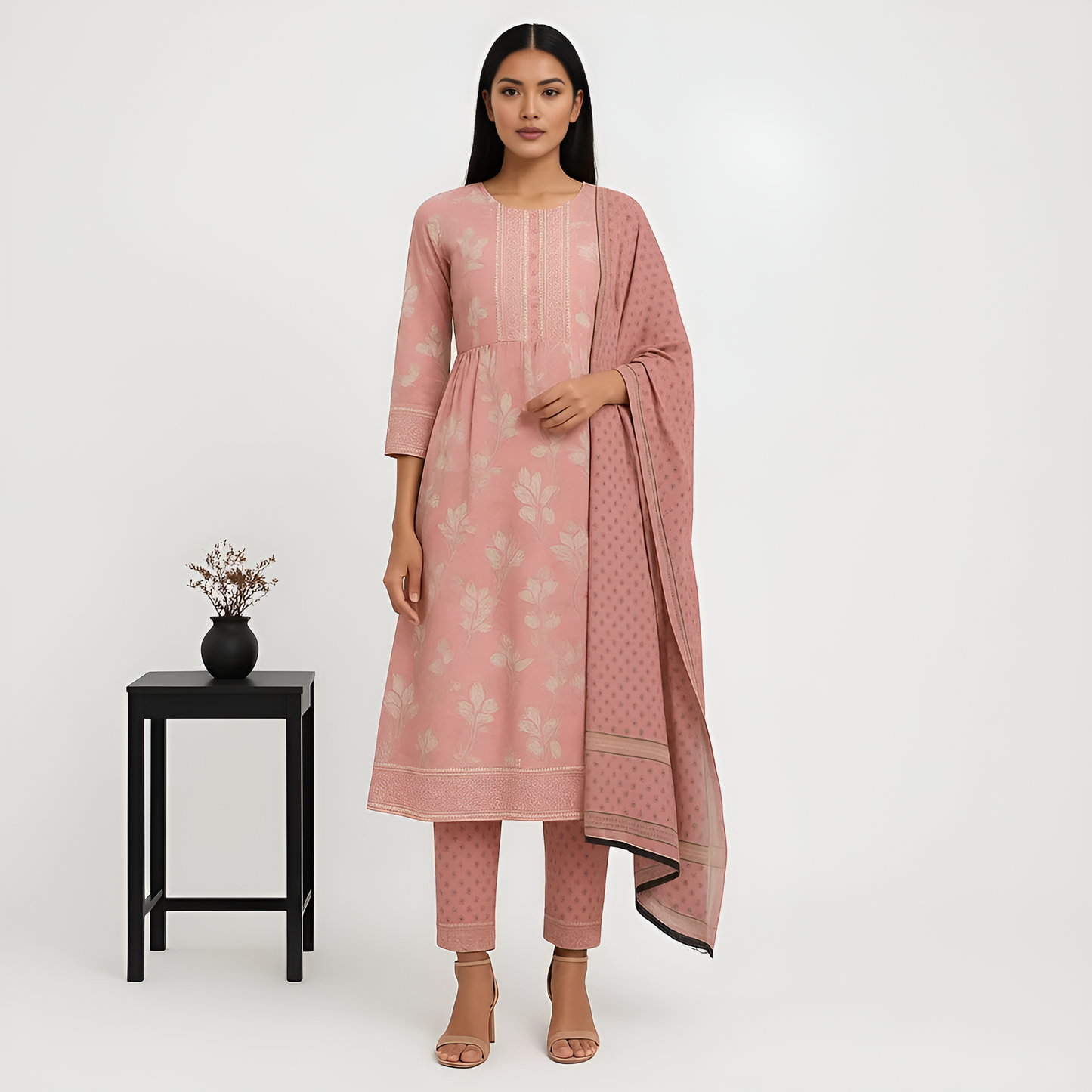 Flare Fit Printed Kurta With Pant With Dupatta Set