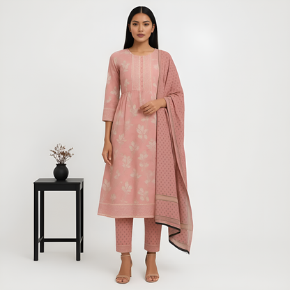 Flare Fit Printed Kurta With Pant With Dupatta Set
