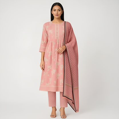 Flare Fit Printed Kurta With Pant With Dupatta Set