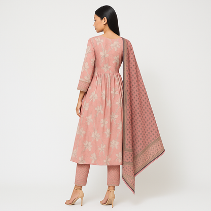 Flare Fit Printed Kurta With Pant With Dupatta Set