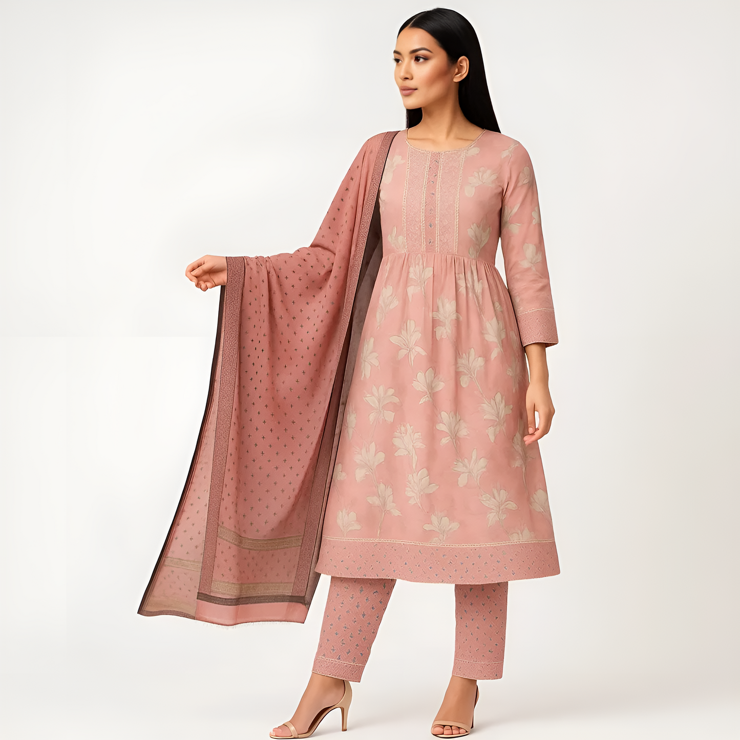 Flare Fit Printed Kurta With Pant With Dupatta Set