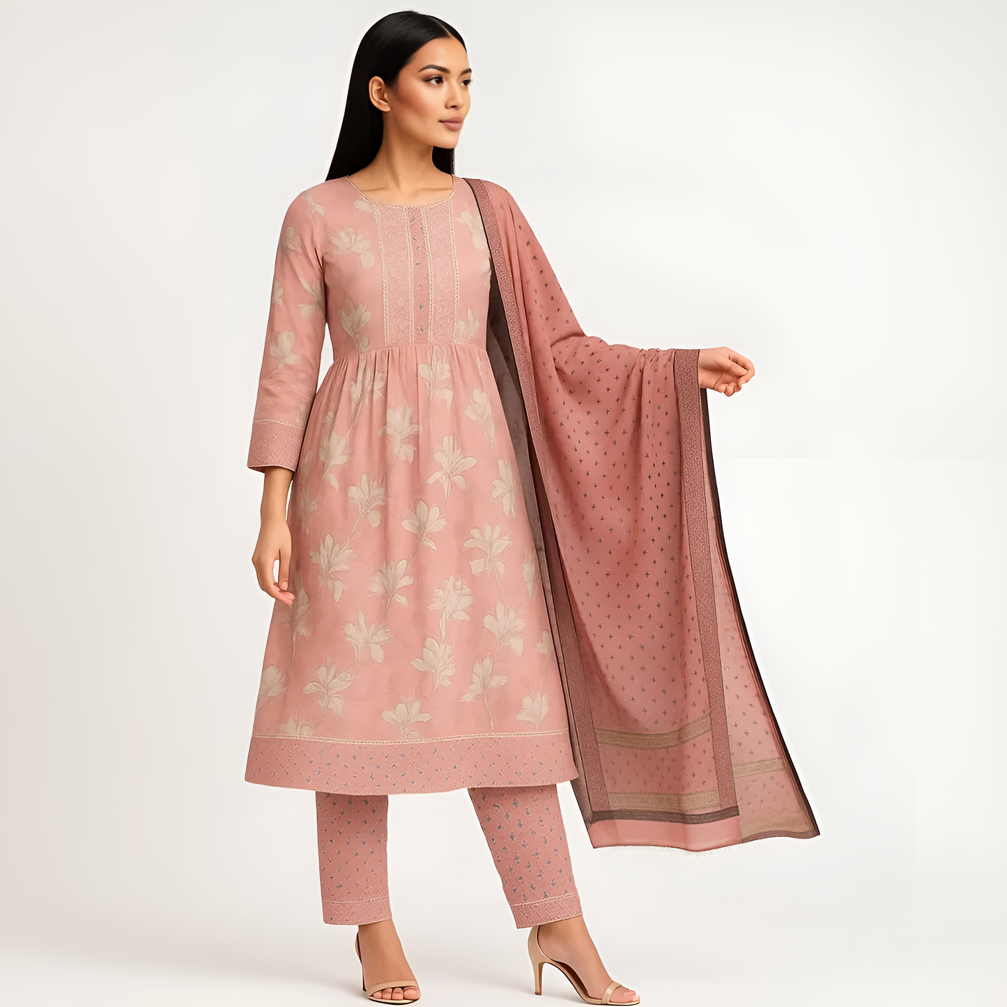 Flare Fit Printed Kurta With Pant With Dupatta Set