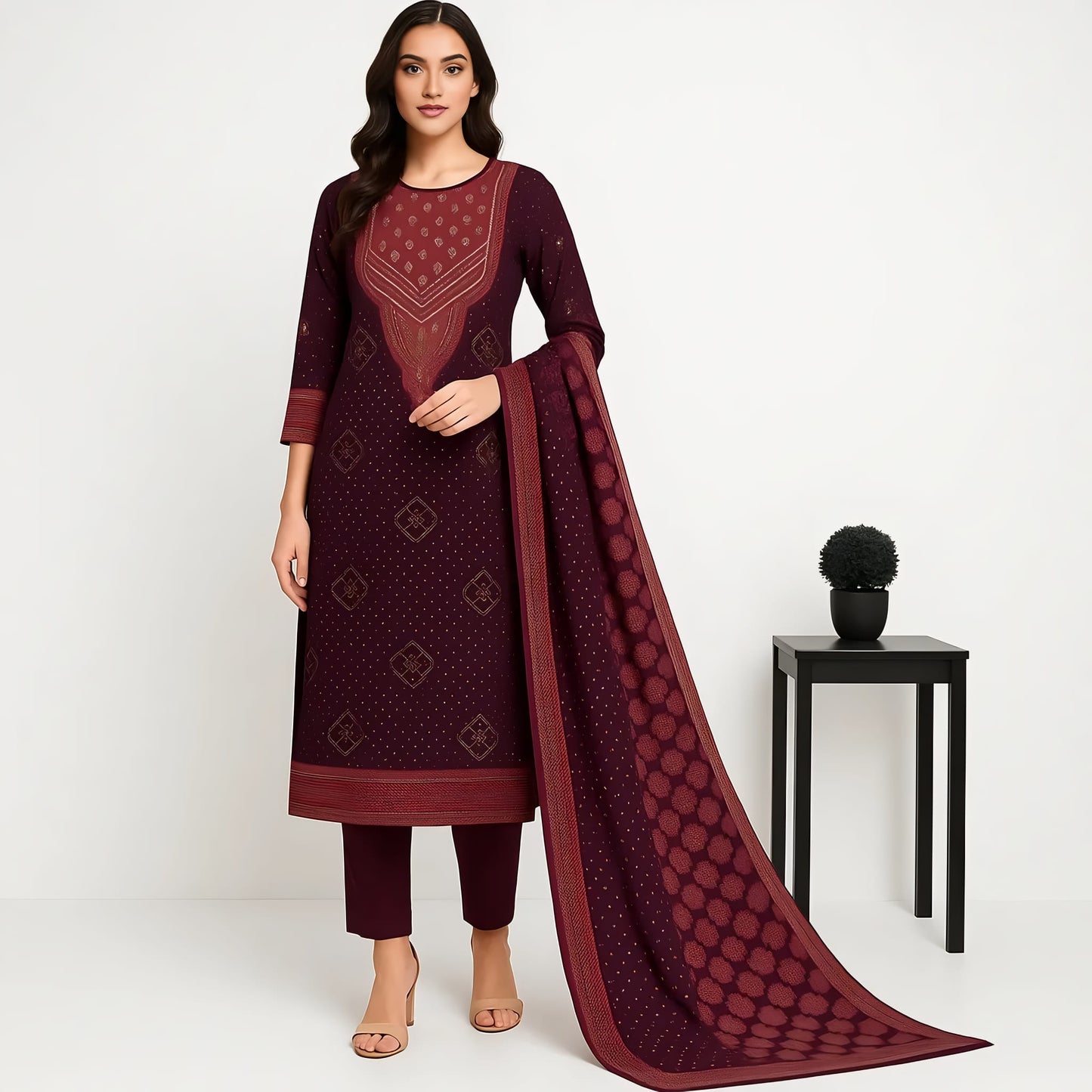 Straight Fit Printed Round Neck Flash Buy Kurta With Pant With Dupatta Set
