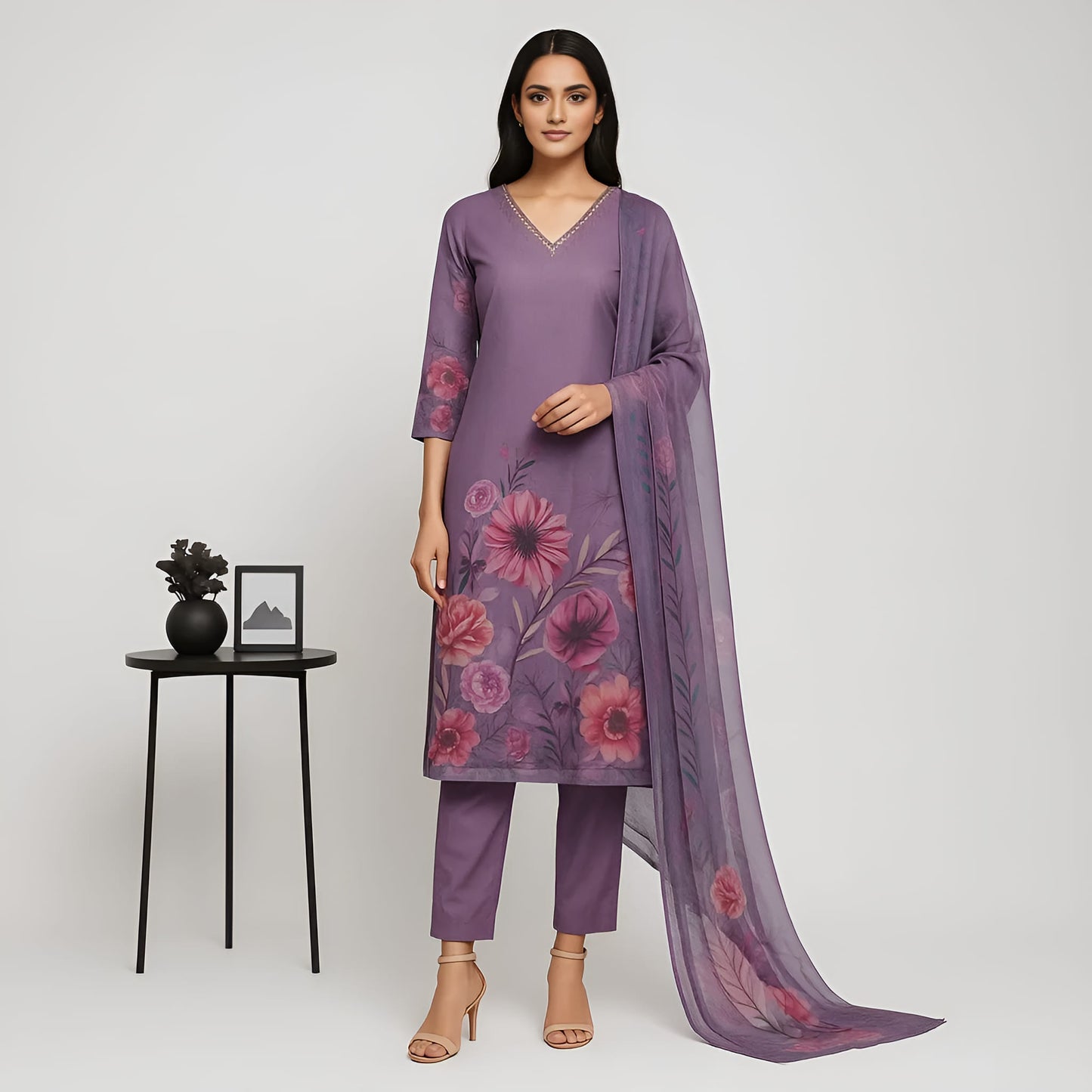 Straight Fit Printed V-Neck Flash Buy Kurta With Pant With Dupatta Set