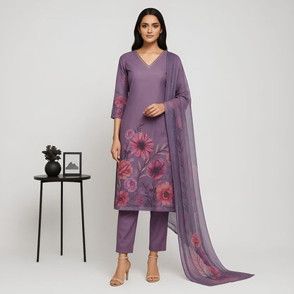 Straight Fit Printed V-Neck Flash Buy Kurta With Pant With Dupatta Set