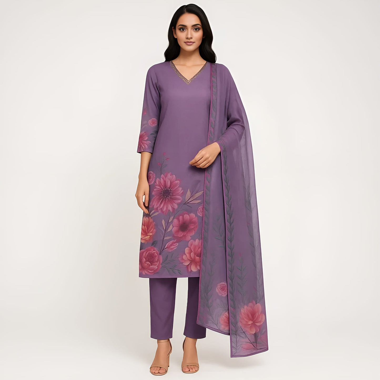 Straight Fit Printed V-Neck Flash Buy Kurta With Pant With Dupatta Set