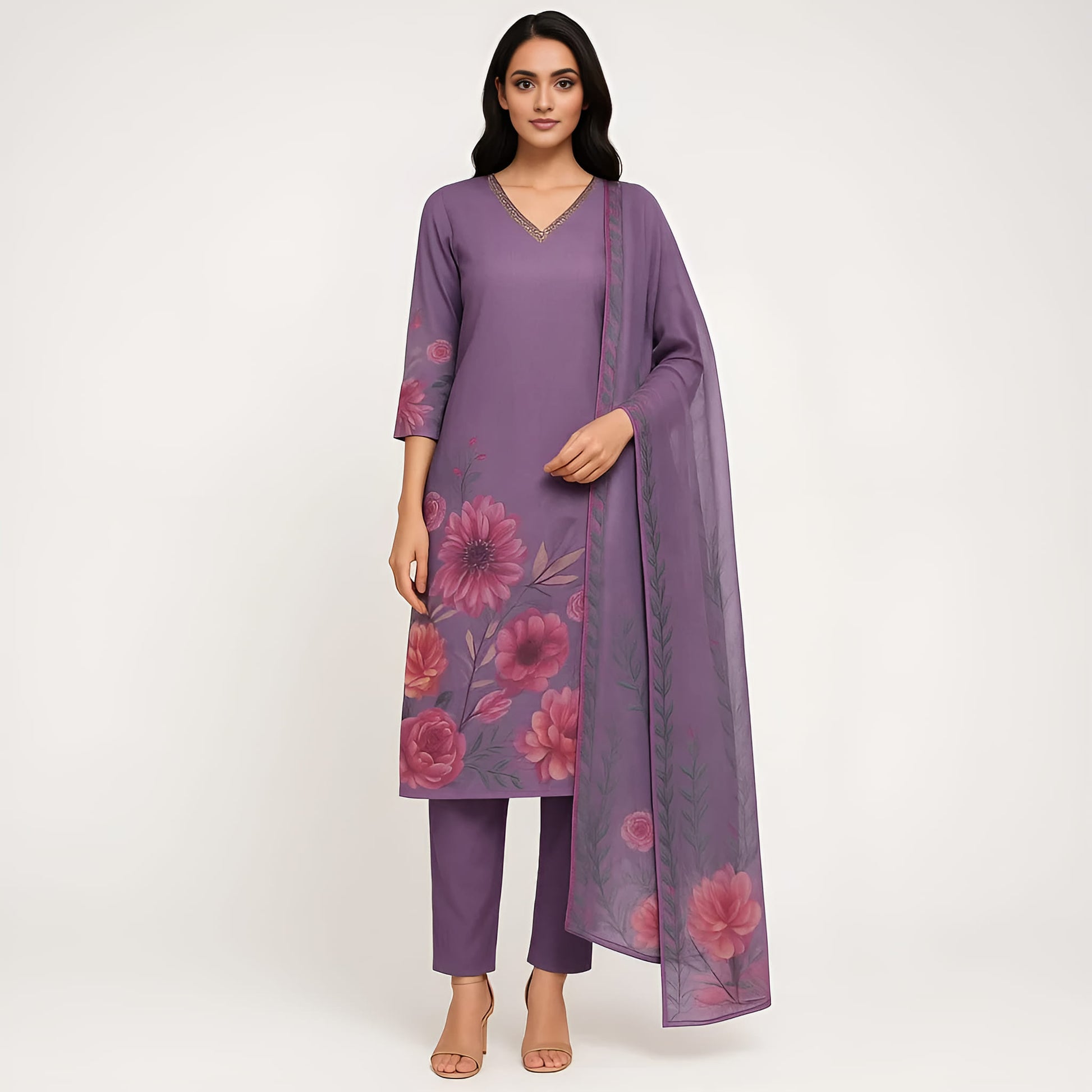 Straight Fit Printed V-Neck Flash Buy Kurta With Pant With Dupatta Set