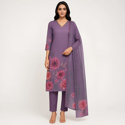 Straight Fit Printed V-Neck Flash Buy Kurta With Pant With Dupatta Set