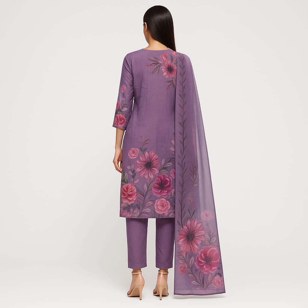Straight Fit Printed V-Neck Flash Buy Kurta With Pant With Dupatta Set