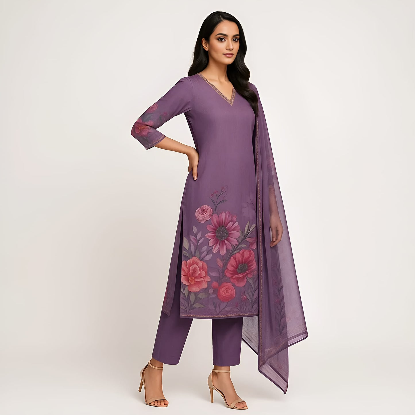 Straight Fit Printed V-Neck Flash Buy Kurta With Pant With Dupatta Set