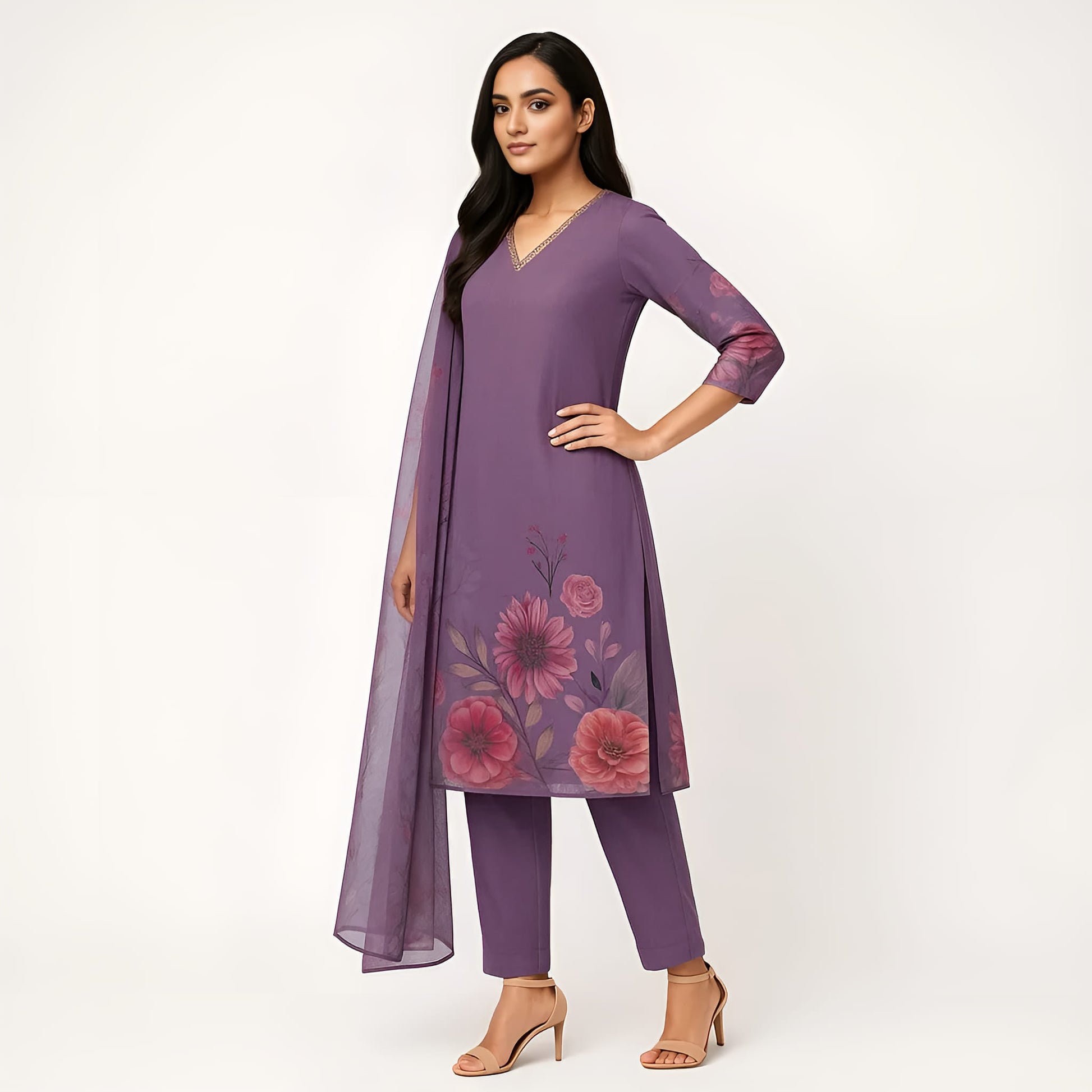 Straight Fit Printed V-Neck Flash Buy Kurta With Pant With Dupatta Set