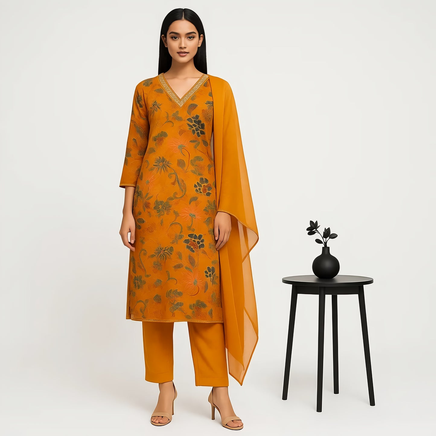 Straight Fit Printed V-Neck Kurta With Pant With Dupatta Set