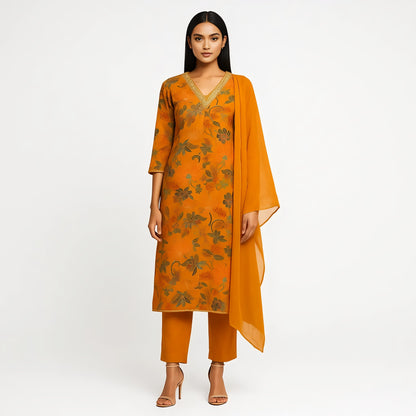 Straight Fit Printed V-Neck Kurta With Pant With Dupatta Set