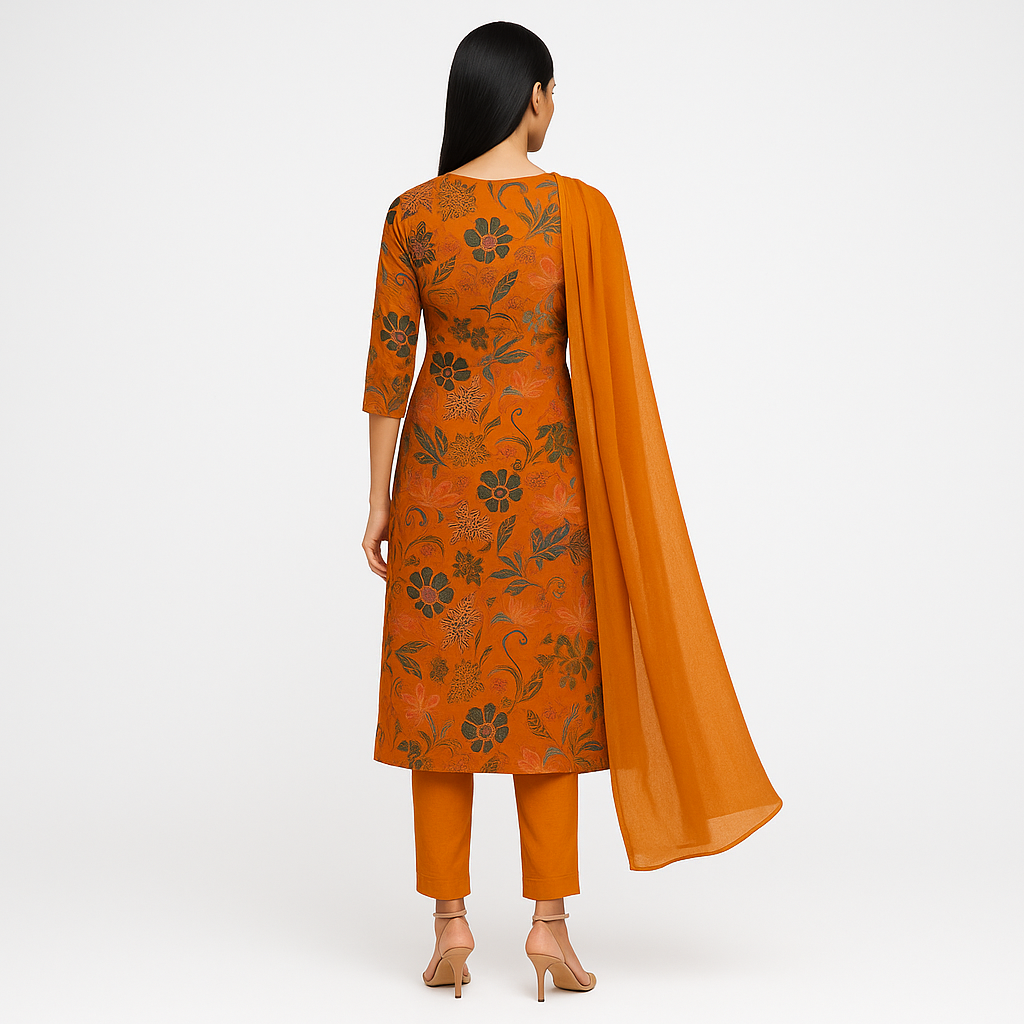 Straight Fit Printed V-Neck Kurta With Pant With Dupatta Set