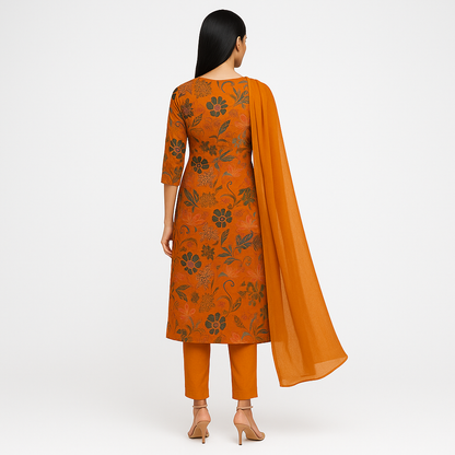 Straight Fit Printed V-Neck Kurta With Pant With Dupatta Set